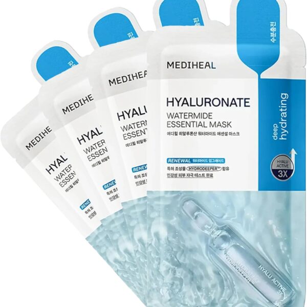ميديهيل افضل قناع وجه اساسي كوري من الهيالورونات ووترميد - اقنعة ورقية مرطبة ومرطبة مع هيالو اكتيف 3 مرات لجميع انواع البشرة (4 قطع)