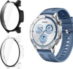 جراب حماية من ازوني مع شاشة حماية من الزجاج المقسى، جراب حماية رفيع للغاية ومقاوم للخدش لساعة هواوي جي تي 5 مقاس 46 ملم (شفاف + اسود)