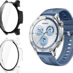 جراب حماية من ازوني مع شاشة حماية من الزجاج المقسى، جراب حماية رفيع للغاية ومقاوم للخدش لساعة هواوي جي تي 5 مقاس 46 ملم (شفاف + اسود)