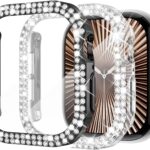 غطاء حماية لامع لساعة ابل سلسلة 10 مقاس 42 ملم، غطاء واقي مرصع بحجر الراين الماسي اللامع للنساء لملحقات اي ووتش 42 ملم (اسود/ شفاف، 42 ملم)