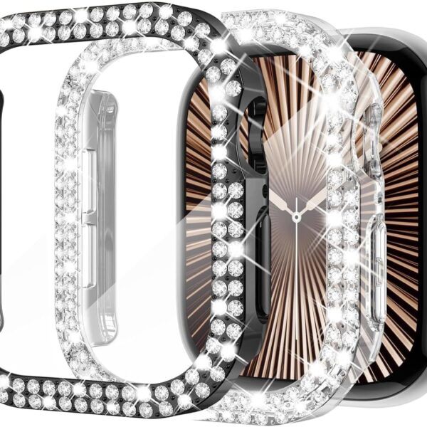 غطاء حماية لامع لساعة ابل سلسلة 10 مقاس 42 ملم، غطاء واقي مرصع بحجر الراين الماسي اللامع للنساء لملحقات اي ووتش 42 ملم (اسود/ شفاف، 42 ملم)