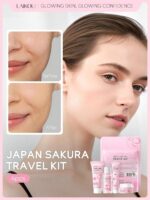 ⁦مجموعة سفر للعناية بالبشرة من جابان ساكورا لايكو مكونة من 4 قطع لتجديد البشرة بعامل حماية من الاشعة فوق البنفسجية بعامل حماية من الشمس 50+ 8 غرام وكريم مغذي للوجه 8 غرام وتونر تفتيح 20 مل ومنظف خفيف⁩ - الصورة ⁦3⁩