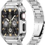 او اوزون سوار ساعة من الستانلس ستيل مع جراب متوافق مع ساعة ابل سلسلة 9/8/7 (45 ملم)، سوار معدني وغطاء واقي متين ممتص للصدمات لسوار اي ووتش للرجال