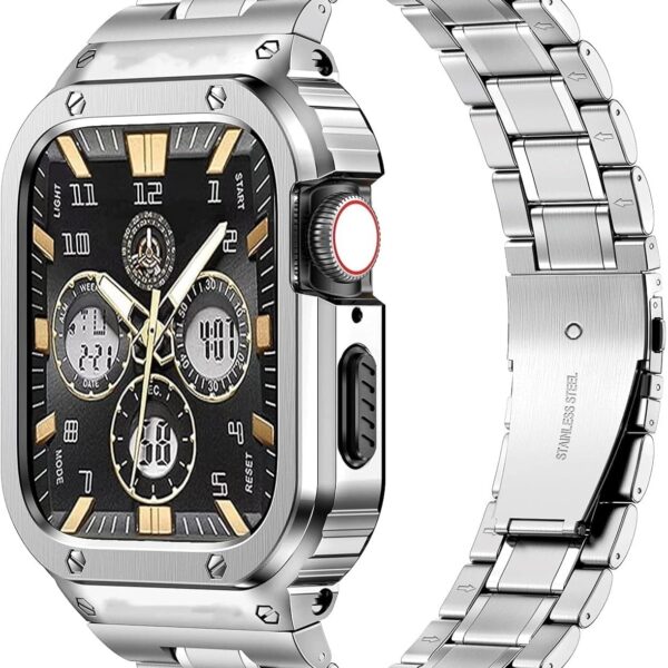 او اوزون سوار ساعة من الستانلس ستيل مع جراب متوافق مع ساعة ابل سلسلة 9/8/7 (45 ملم)، سوار معدني وغطاء واقي متين ممتص للصدمات لسوار اي ووتش للرجال