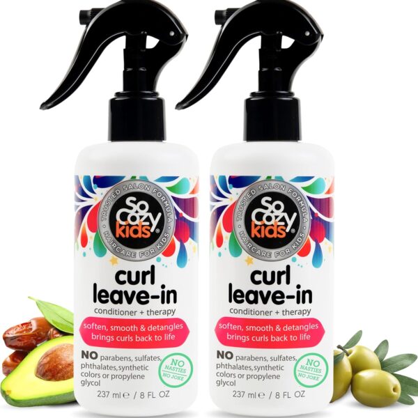 بخاخ بلسم ليف ان من سوكوزي (8 اونصة سائلة، عبوة من قطعتين) لفك تشابك شعر الاطفال المجعد، لا يتشابك، لطيف ومغذي بالكيراتين وفيتامين B5 وزيت الزيتون والجوجوبا، خال من البارابين