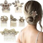 سيوسى 6 قطع من امشاط الشعر الجانبية الكلاسيكية للزينة للنساء، مشابك شعر معدنية مرصعة باحجار الراين واللؤلؤ الذهبي مع مقبض باسنان، دبابيس شعر كريستالية للعروس لاكسسوارات الزفاف